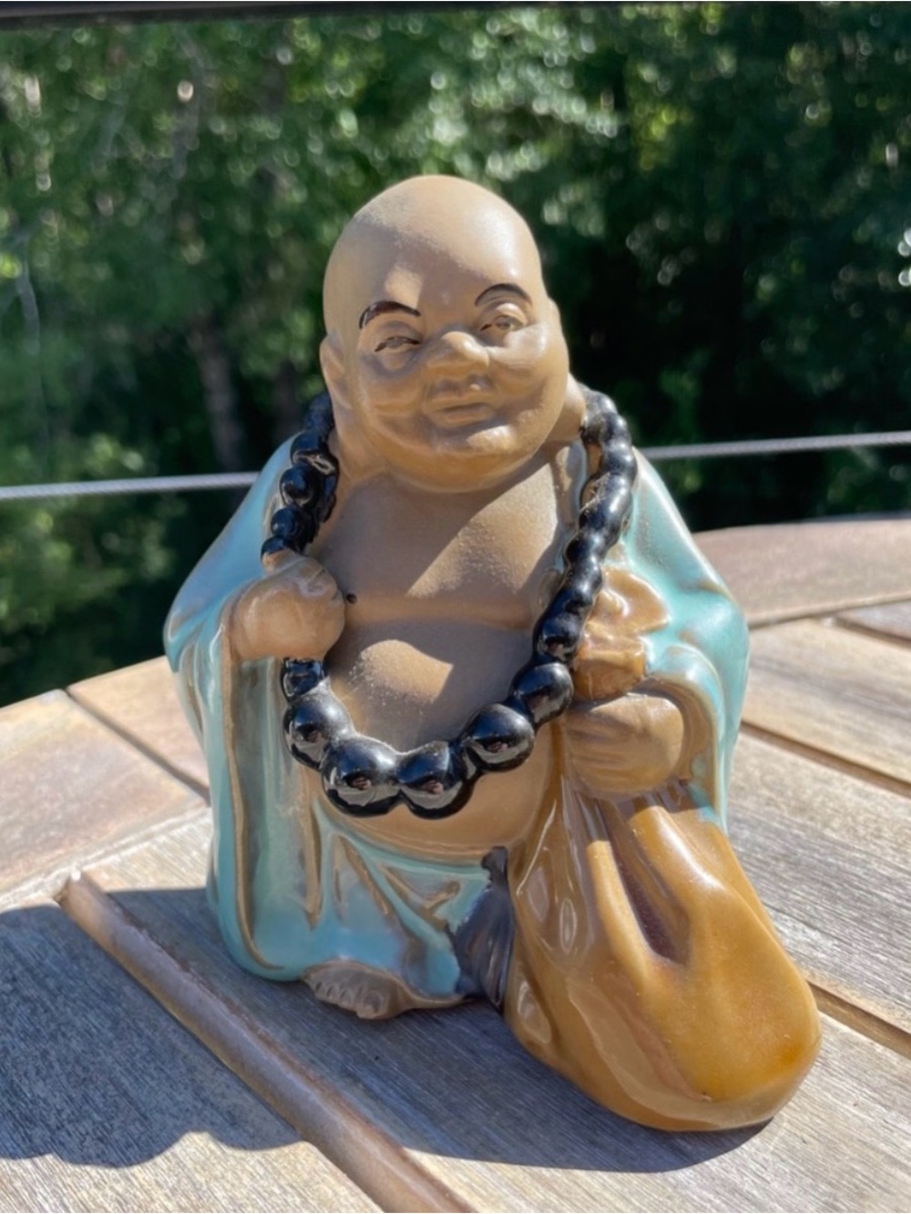 Vintage Mudman Style Ceramic Hotei Laughing Buddha Figurine - Turquoise Glaze